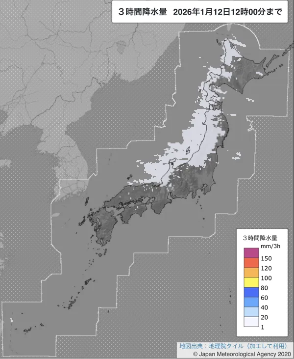 2026年1月12日9〜12時の日本周辺の3時間解析降水量
