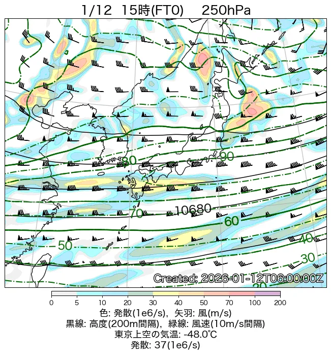 2026年1月12日の日本周辺の250hPa天気図（15時）