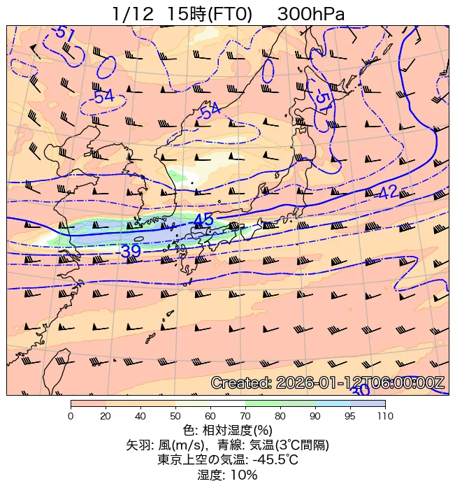 2026年1月12日の日本周辺の300hPa天気図（15時）