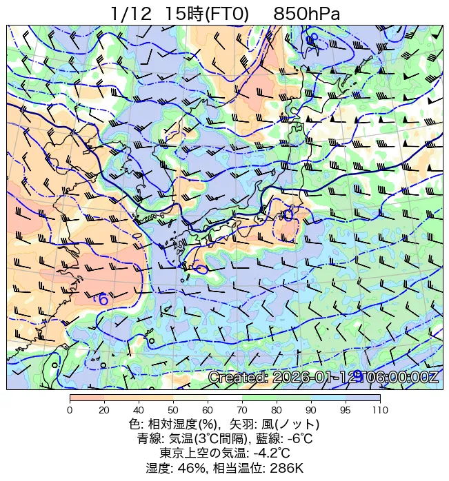 2026年1月12日の日本周辺の850hPa天気図（15時）