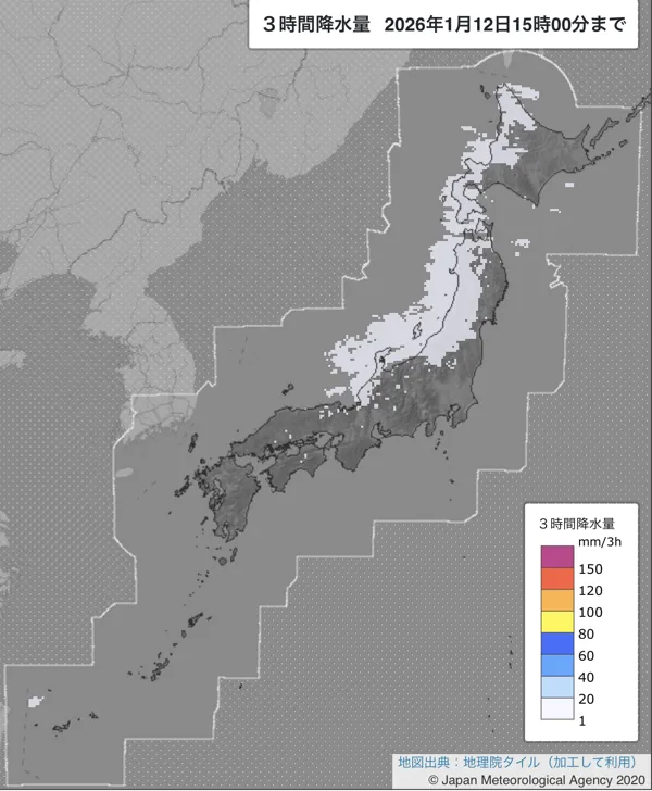 2026年1月12日12〜15時の日本周辺の3時間解析降水量