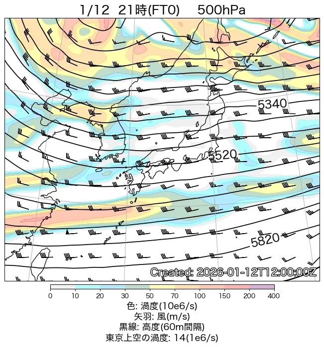 2026年1月12日の日本周辺の500hPa天気図（21時）
