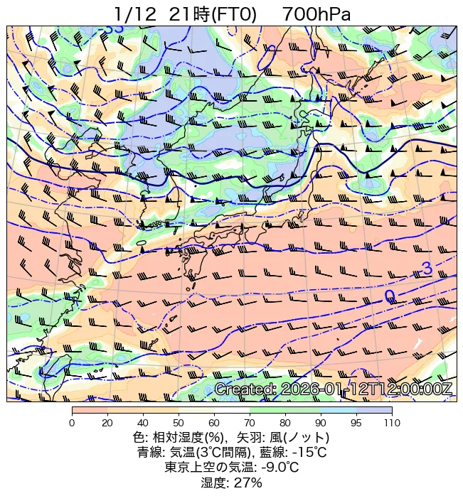 2026年1月12日の日本周辺の700hPa天気図（21時）