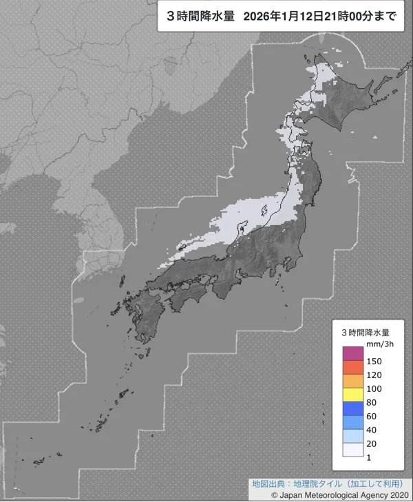 2026年1月12日18〜21時の日本周辺の3時間解析降水量