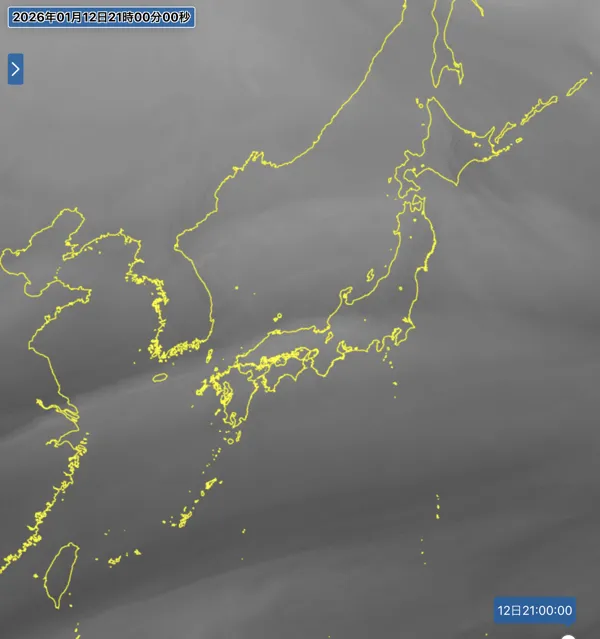2026年1月12日21時の日本周辺の衛星水蒸気画像