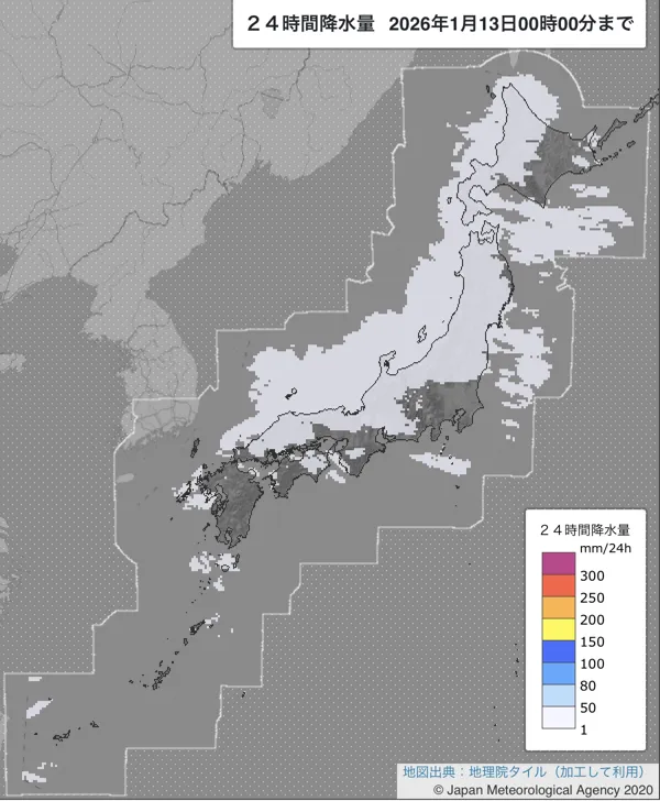 2026年1月12日の日本周辺の日解析雨量の図