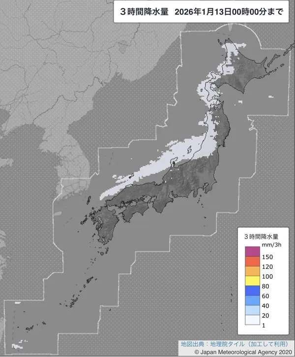 2026年1月12日21〜24時の日本周辺の3時間解析降水量