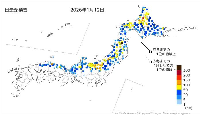 日本のアメダス最大積雪量の図