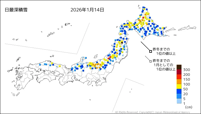 日本のアメダス最大積雪量の図