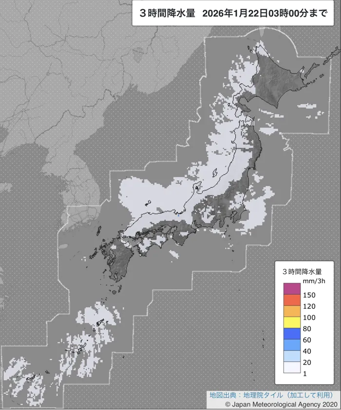 2026年1月22日の日本周辺の0〜3時の3時間解析降水量