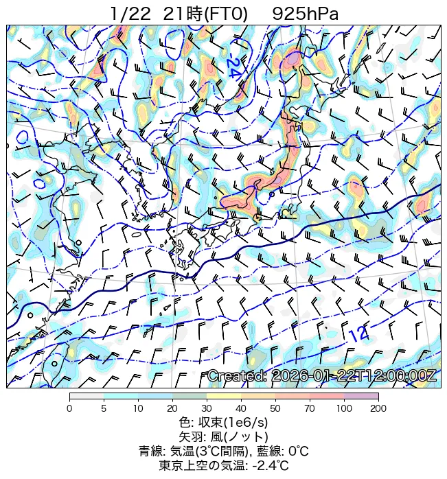 2026年1月22日の日本周辺の925hPa天気図（21時）
