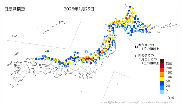 日本のアメダス最大積雪量の図
