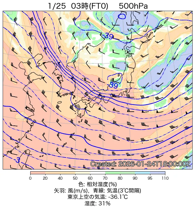 2026年1月25日の日本周辺の500hPa天気図（3時）