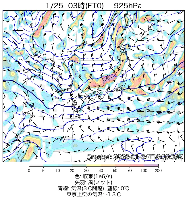 2026年1月25日の日本周辺の925hPa天気図（3時）