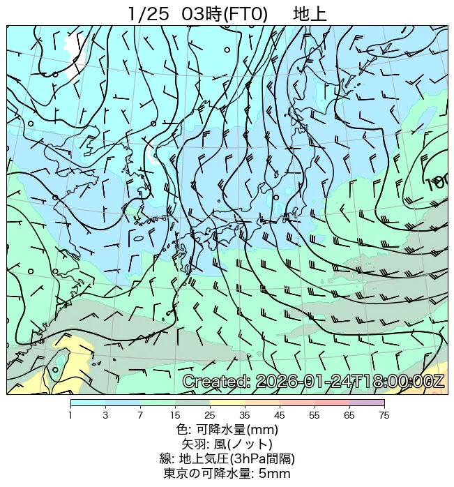 2026年1月25日の日本周辺の地上天気図（3時）
