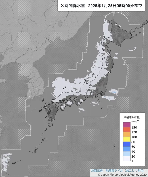 2026年1月25日3〜6時の日本周辺の3時間解析降水量