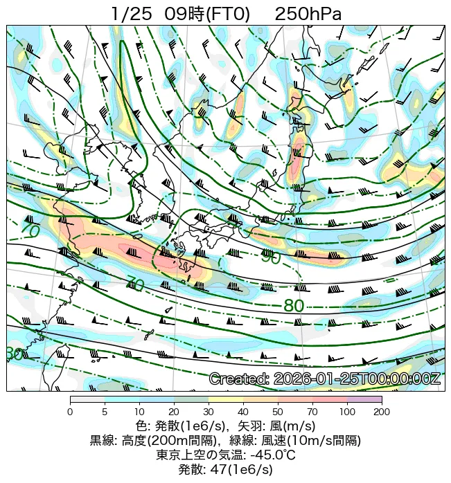 2026年1月25日の日本周辺の250hPa天気図（9時）