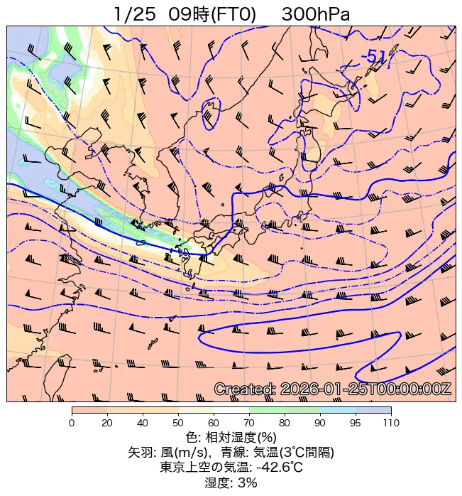 2026年1月25日の日本周辺の300hPa天気図（9時）
