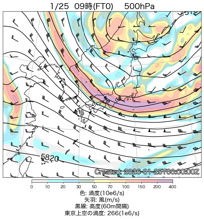 2026年1月25日の日本周辺の500hPa天気図（9時）