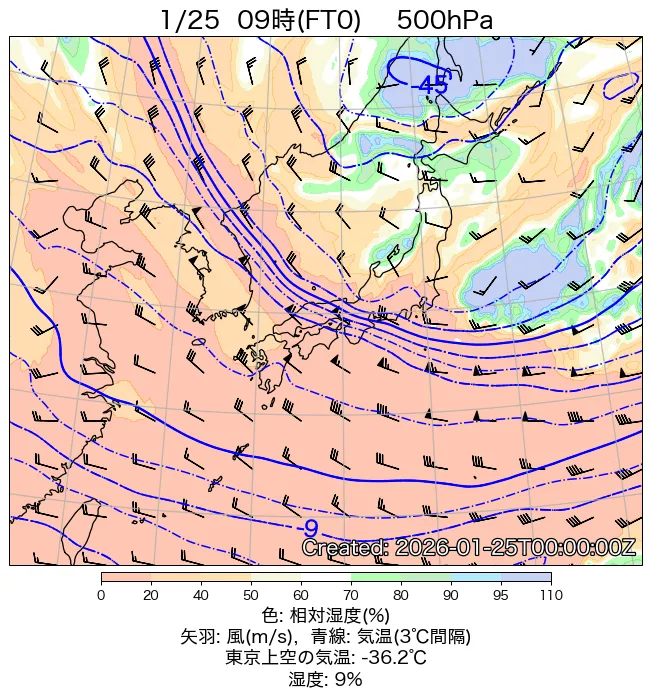2026年1月25日の日本周辺の500hPa天気図（9時）