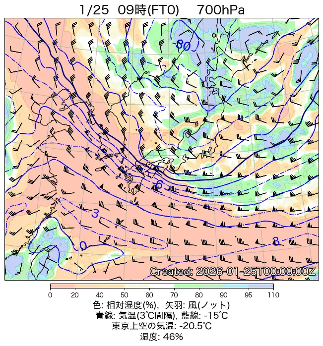 2026年1月25日の日本周辺の700hPa天気図（9時）
