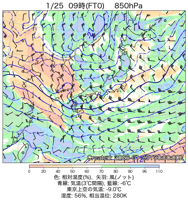 2026年1月25日の日本周辺の850hPa天気図（9時）