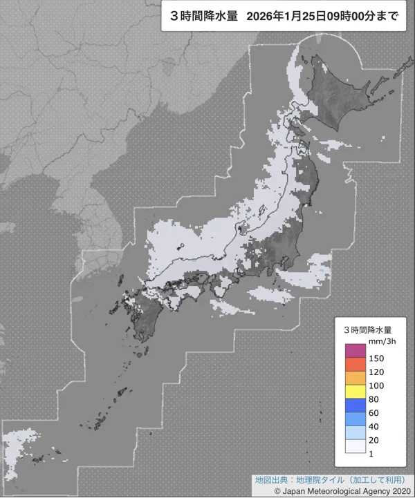 2026年1月25日6〜9時の日本周辺の3時間解析降水量