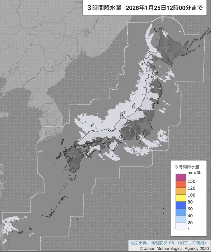 2026年1月25日9〜12時の日本周辺の3時間解析降水量