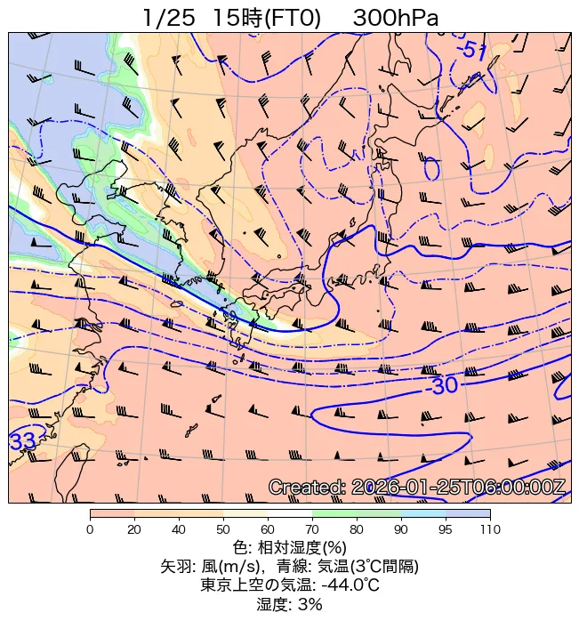 2026年1月25日の日本周辺の300hPa天気図（15時）