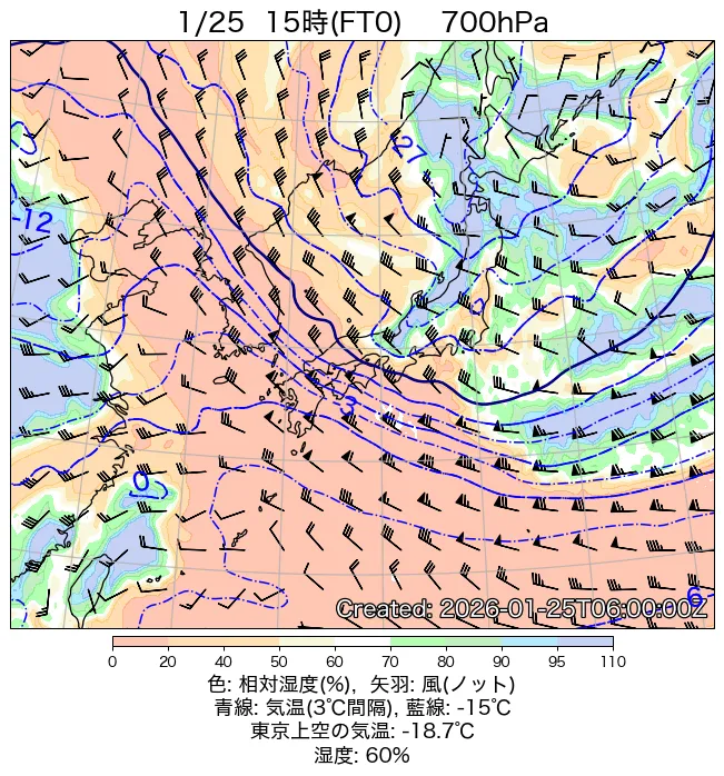 2026年1月25日の日本周辺の700hPa天気図（15時）