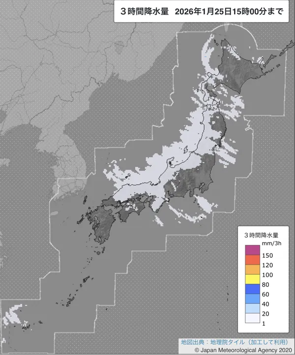 2026年1月25日12〜15時の日本周辺の3時間解析降水量