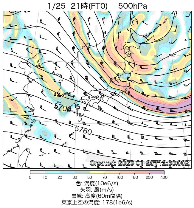2026年1月25日の日本周辺の500hPa天気図（21時）