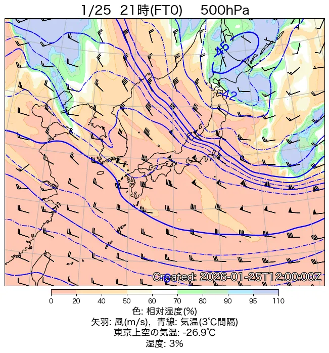 2026年1月25日の日本周辺の500hPa天気図（21時）