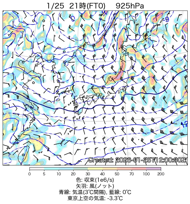 2026年1月25日の日本周辺の925hPa天気図（21時）