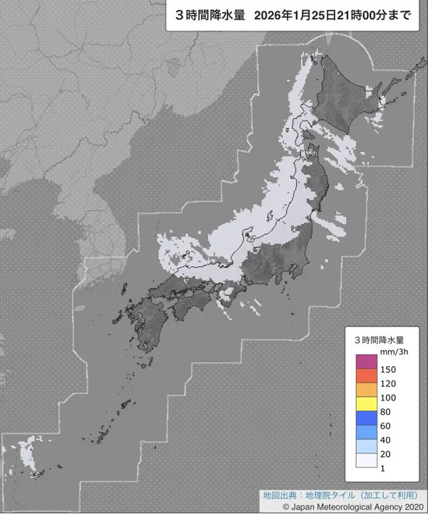 2026年1月25日18〜21時の日本周辺の3時間解析降水量
