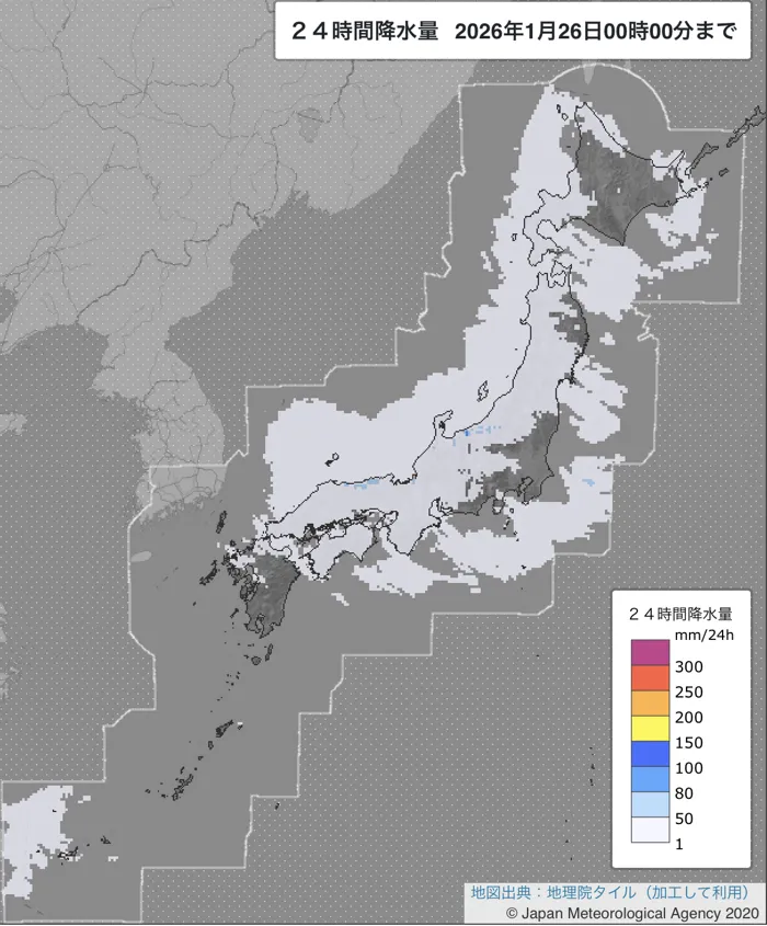2026年1月25日の日本周辺の日解析雨量の図