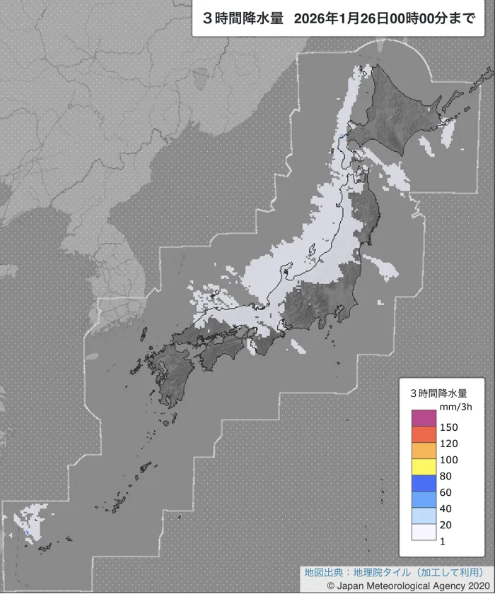 2026年1月25日21〜24時の日本周辺の3時間解析降水量