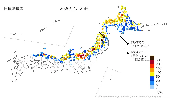 日本のアメダス最大積雪量の図