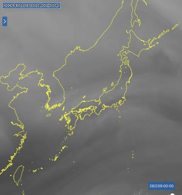 2026年1月28日の日本周辺の衛星水蒸気画像（9時）