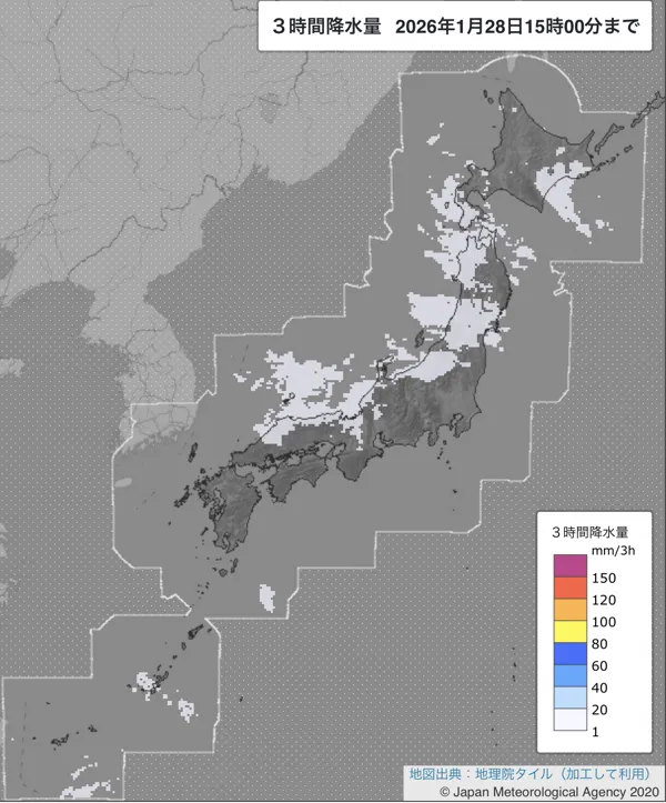 2026年1月28日の日本周辺の12〜15時の3時間解析降水量