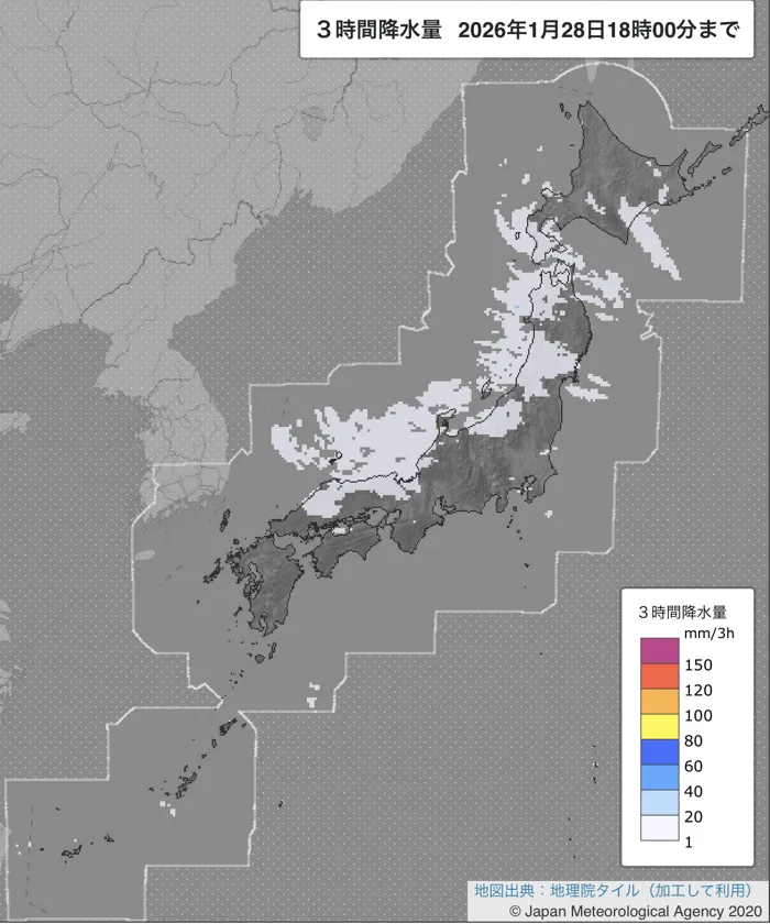 2026年1月28日の日本周辺の15〜18時の3時間解析降水量