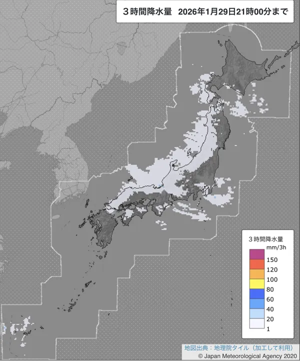 2026年1月29日の日本周辺の18〜21時の3時間解析降水量
