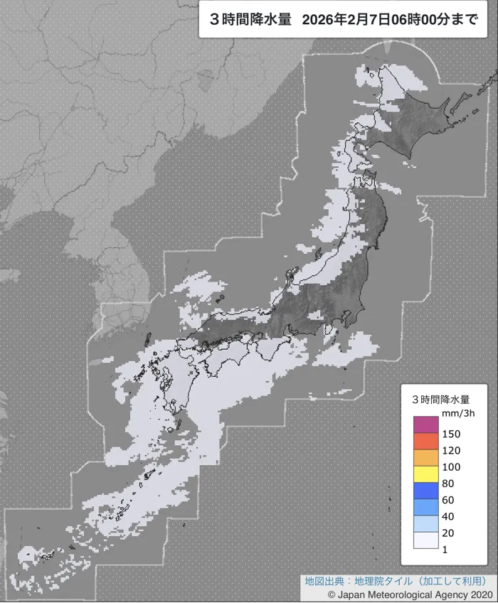 2026年2月7日3〜6時の日本周辺の3時間解析降水量