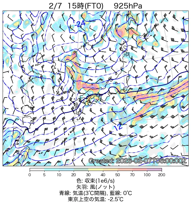 2026年2月7日の日本周辺の925hPa天気図（15時）