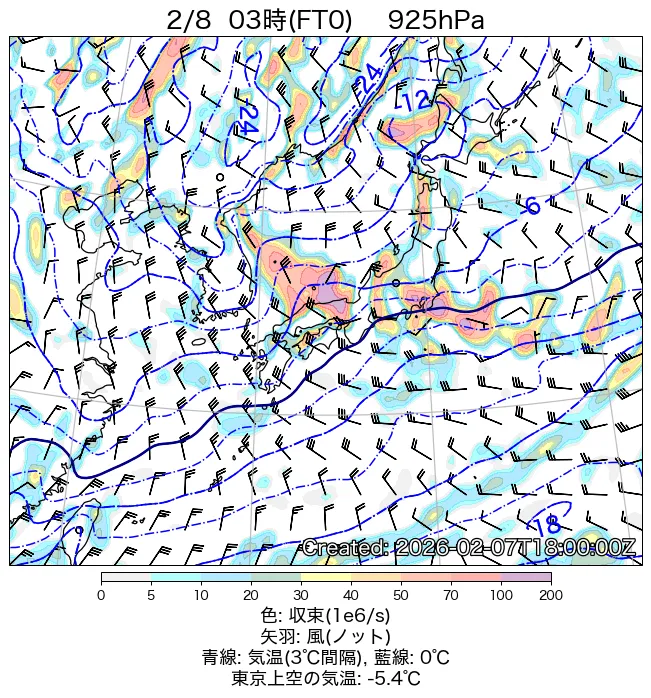 2026年2月8日の日本周辺の925hPa天気図（3時）
