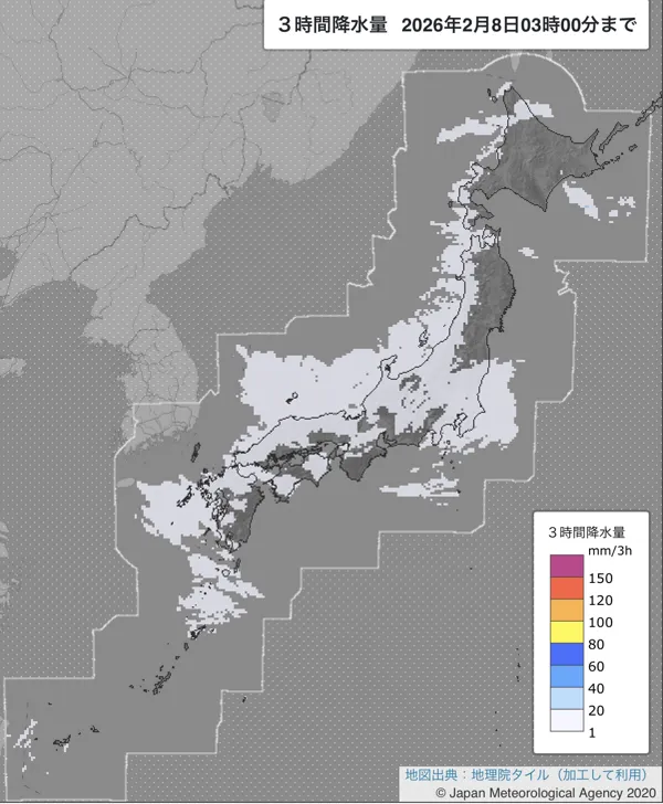 2026年2月8日0〜3時の日本周辺の3時間解析降水量