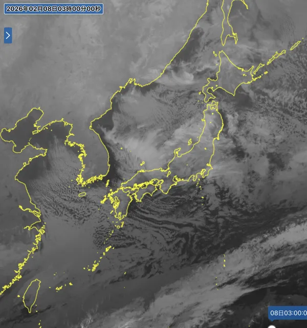 2026年2月8日3時の日本周辺の衛星赤外画像