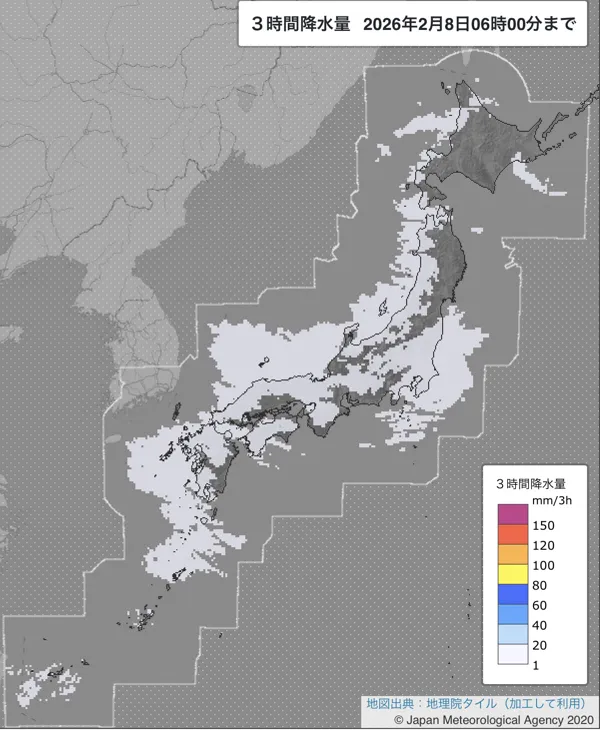 2026年2月8日3〜6時の日本周辺の3時間解析降水量