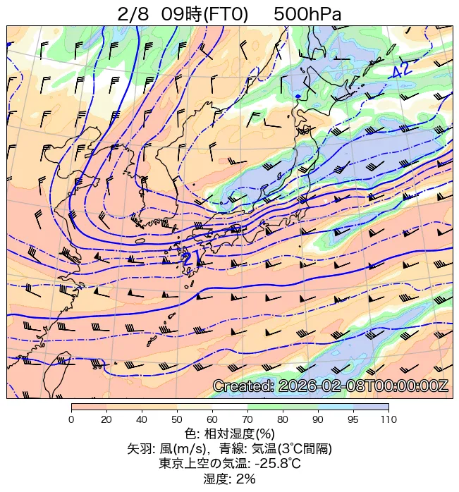 2026年2月8日の日本周辺の500hPa天気図（9時）