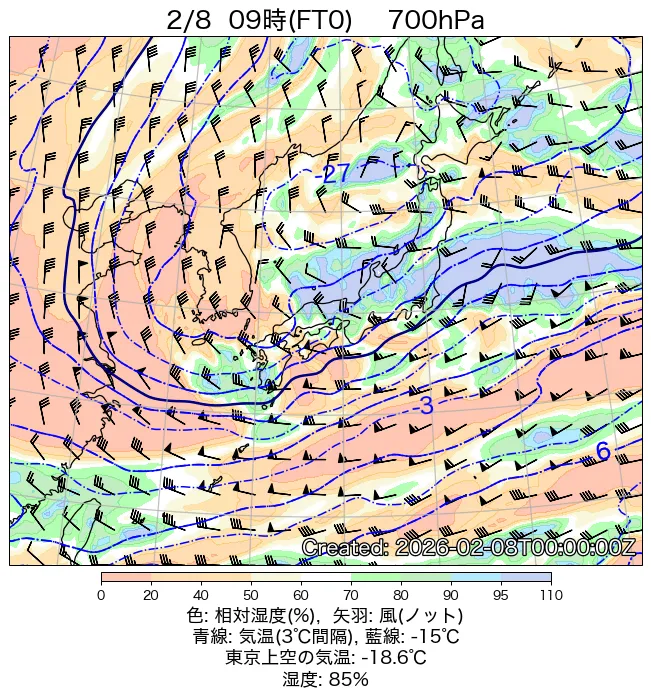 2026年2月8日の日本周辺の700hPa天気図（9時）